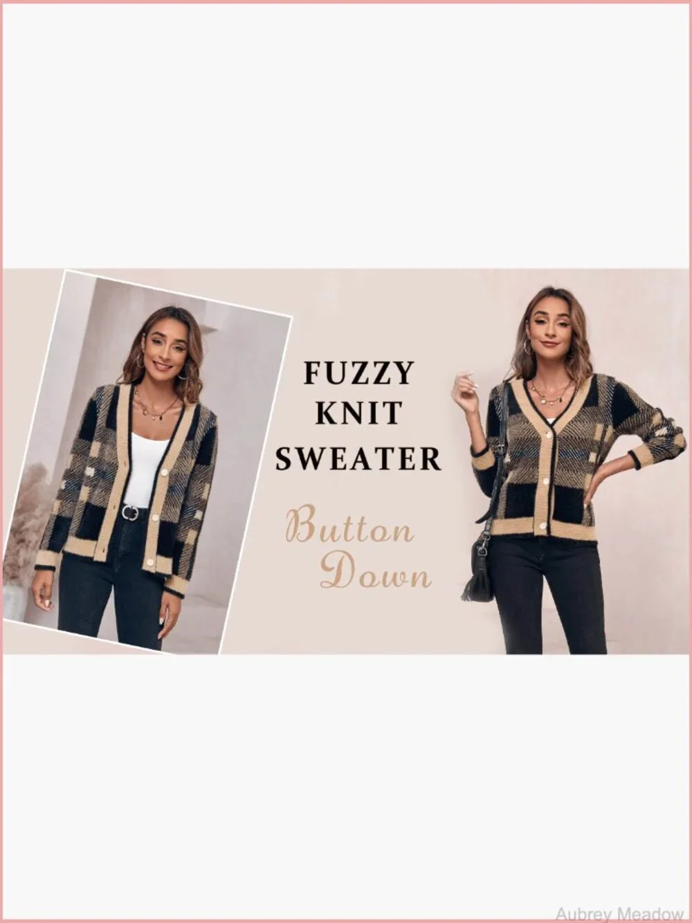 Plaid Fuzzy Knit V-Neck Button Down Cardigan Sweater Cozy Long Sleeve